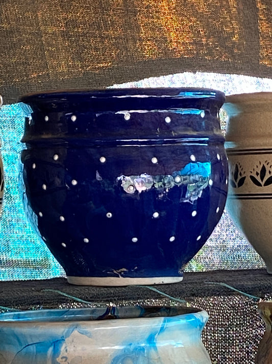 Navy Polka Dots Pattern Ceramic Pot - Medium (12 inches)