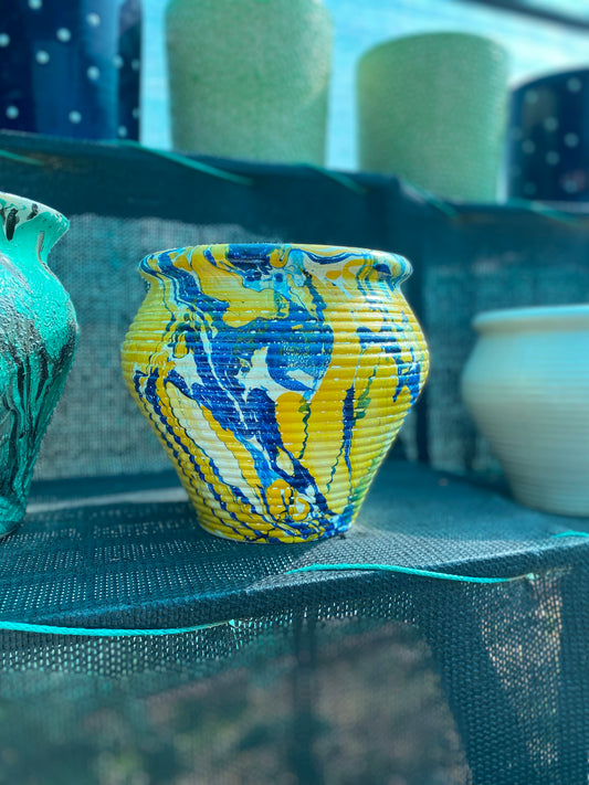Yellow and Blue Lines Pattern Ceramic Pot - Medium (8 inches)